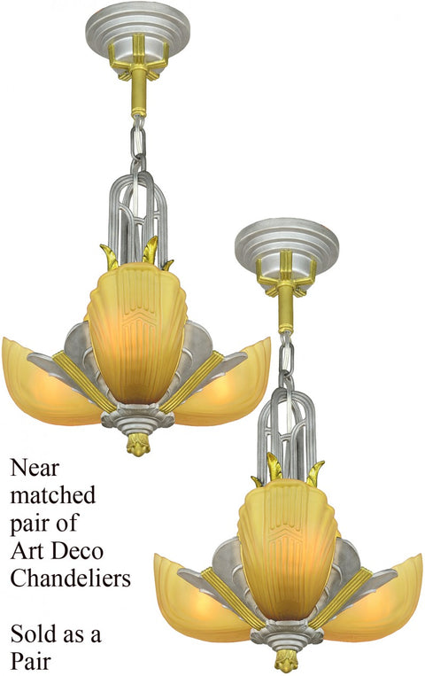 Remarkable PAIR of Markel Three-Light Art Deco Streamline Chandeliers