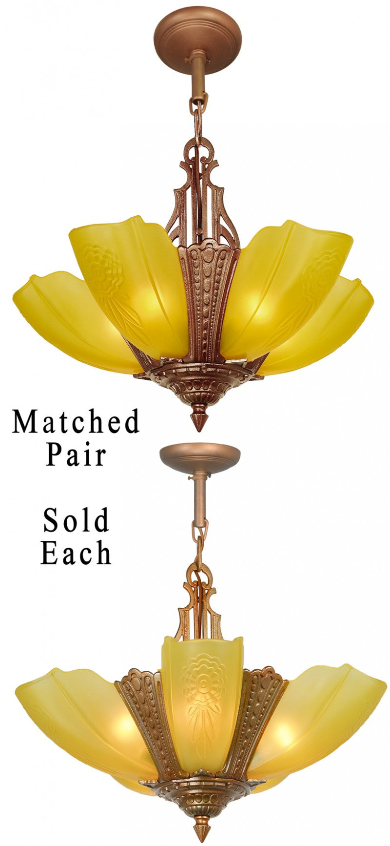 Nearly, Perfectly Matched Pair of American Art Deco 5-Light Chandeliers by Puritan