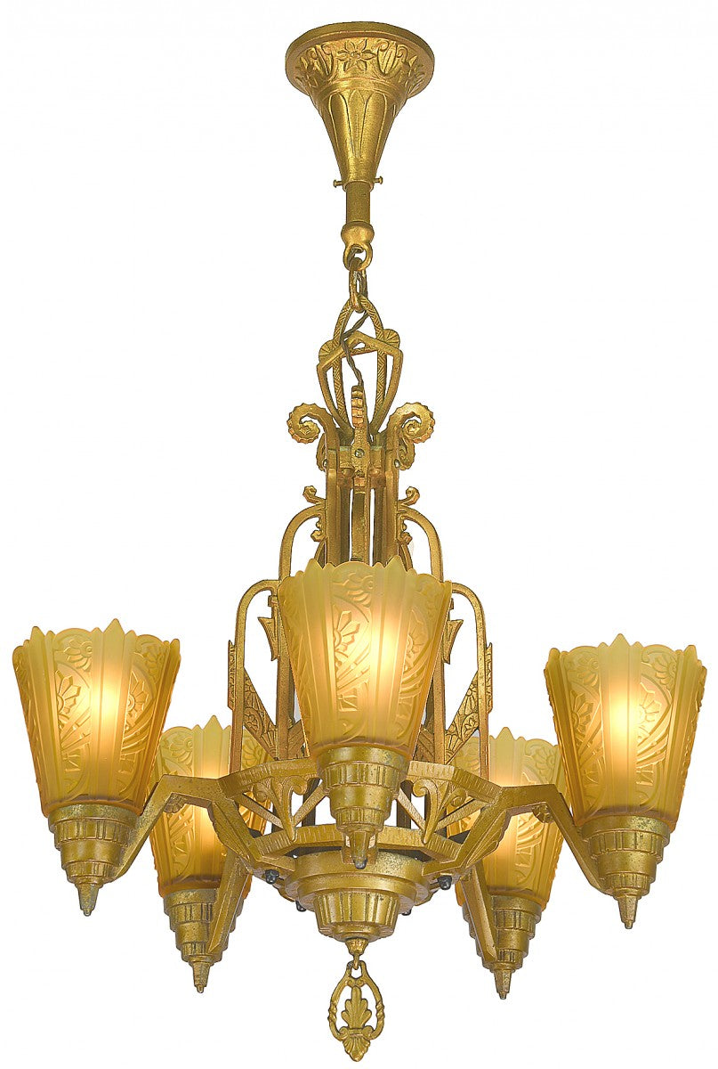 Antique Art Deco Slip Shade Chandelier by Lincoln