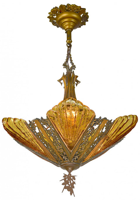 Scarce Art Deco Solid Bronze Chandelier by Mid-West c.1935