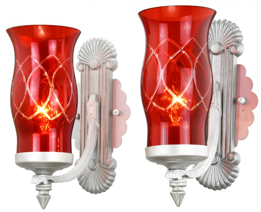 Pleasing Pair of 1920s to 30s Sconces with Cut Ruby Shades