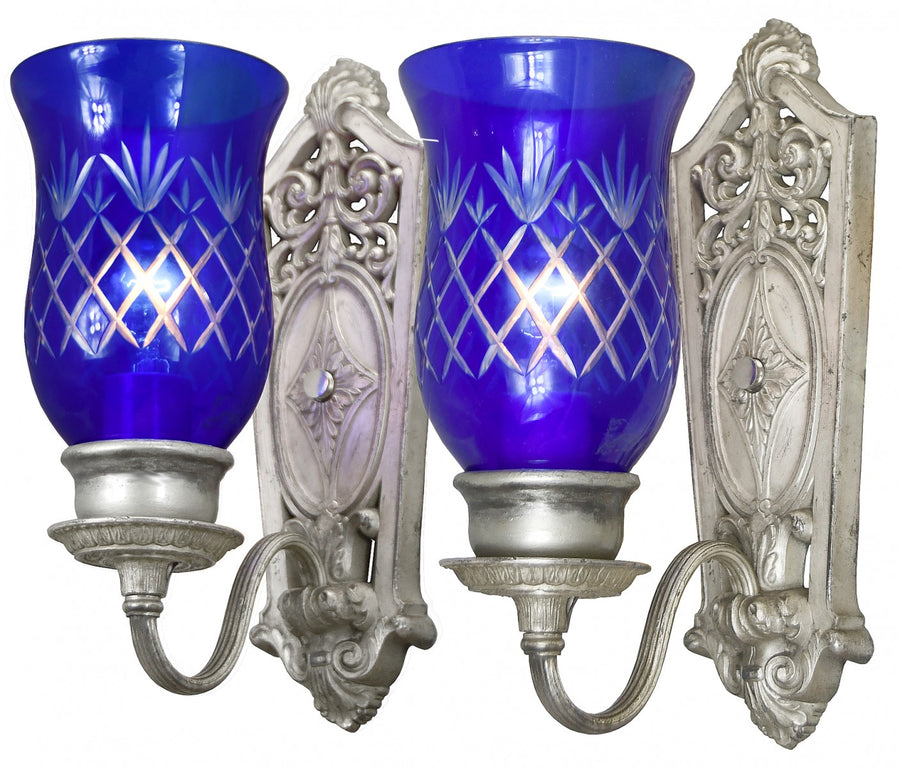 Antique Edwardian Fine Cast Sconces with Outstanding Cobalt Blue Cut Glass Shades