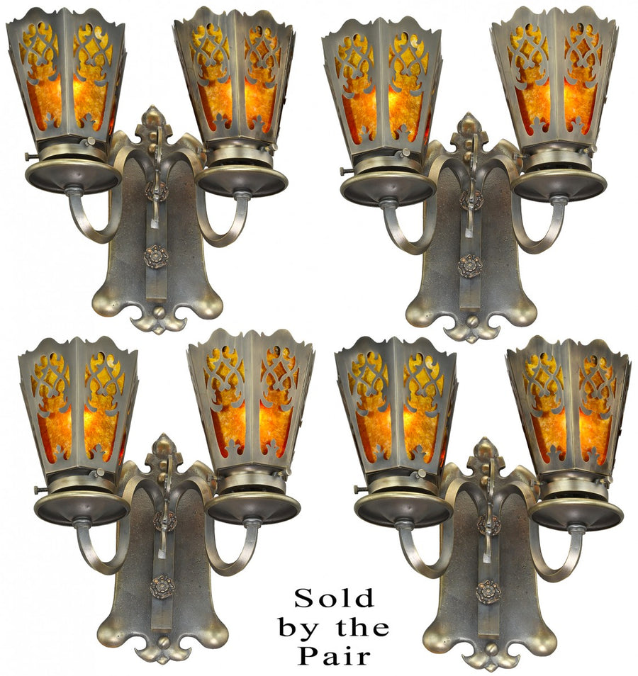 Four Wonderful Double-Arm Edwardian Brass Sconces (Sold by the Pair)