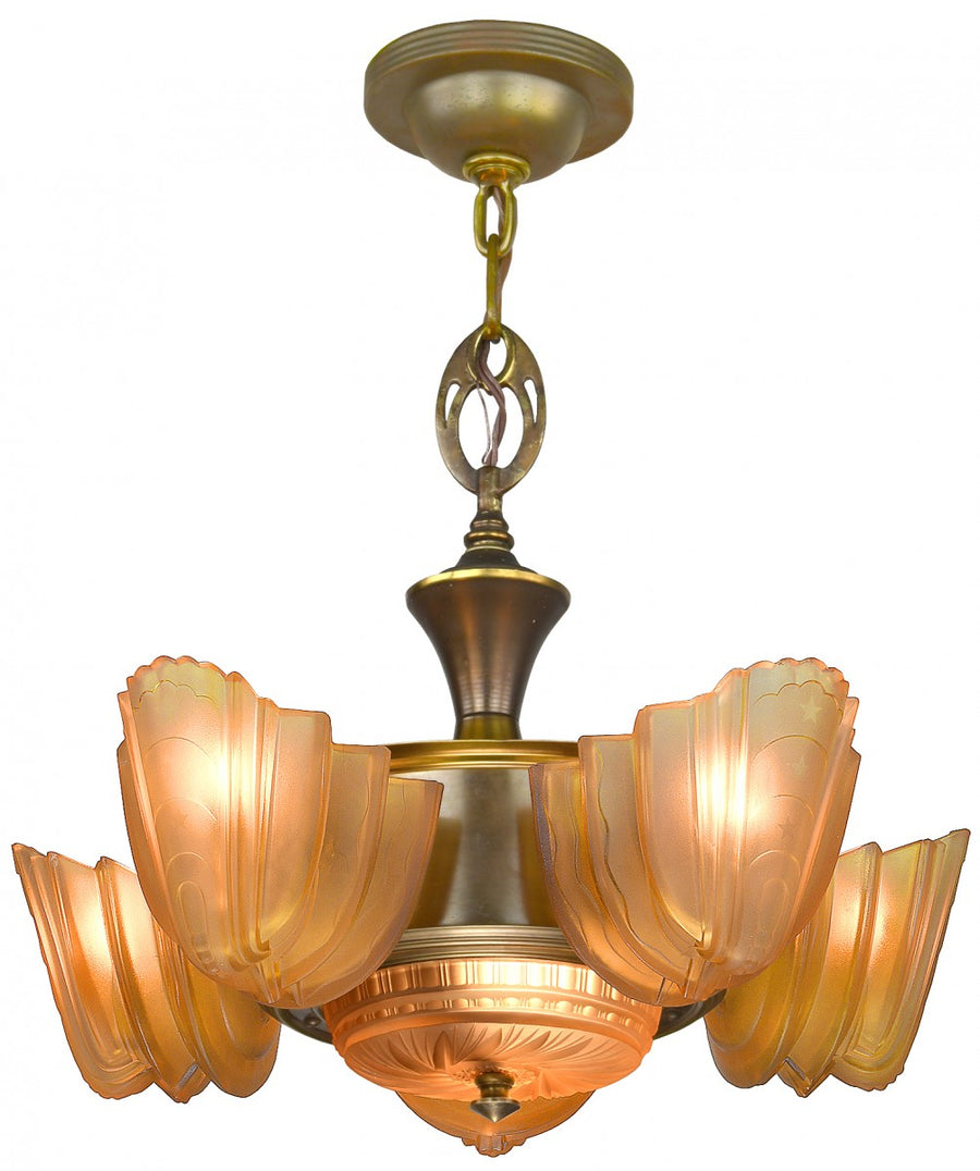 Streamline Art Deco Slip Shade Chandelier Attributed to Halcolite