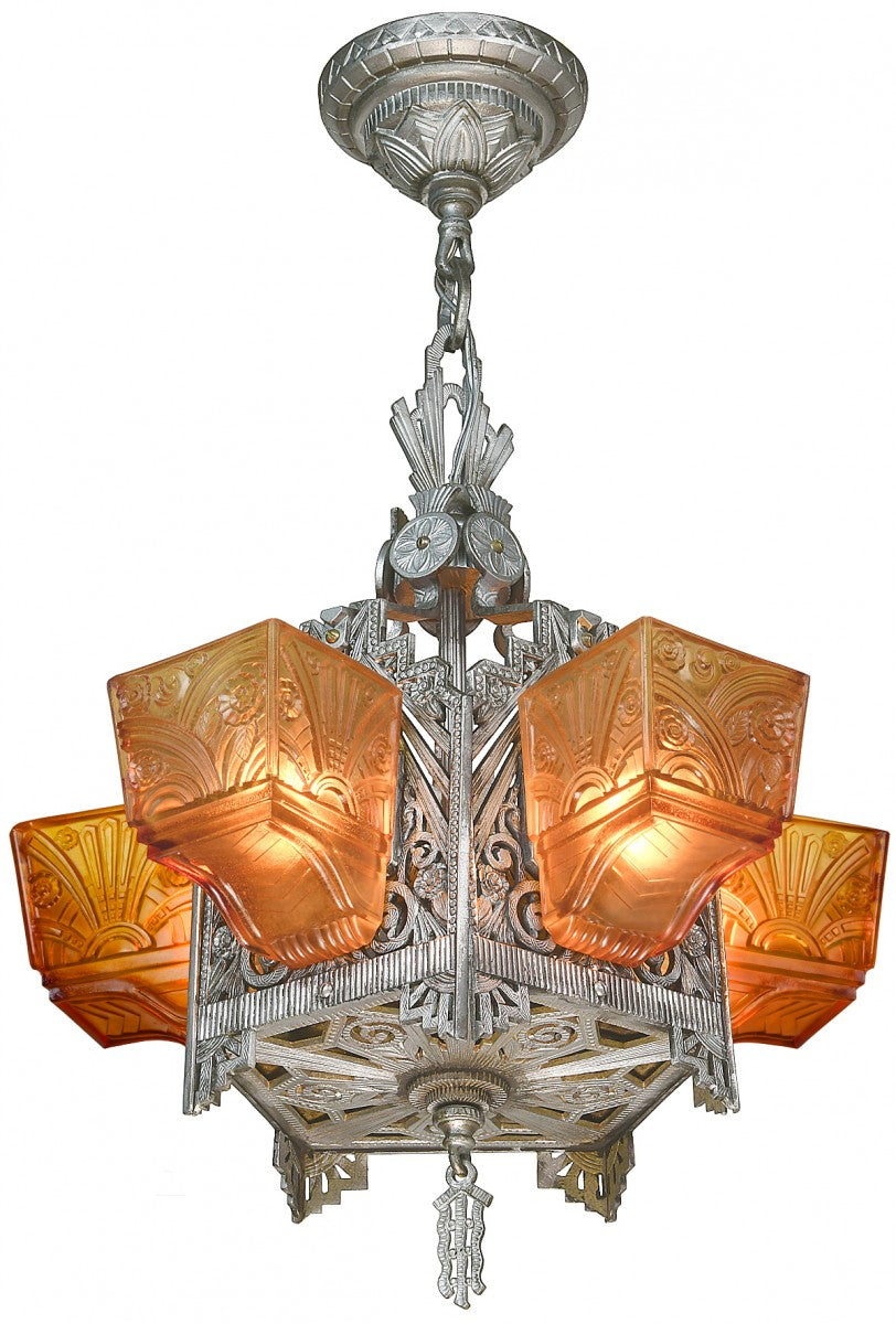 Very Different and Rare Five-Light Art Deco Slip Shade Chandelier