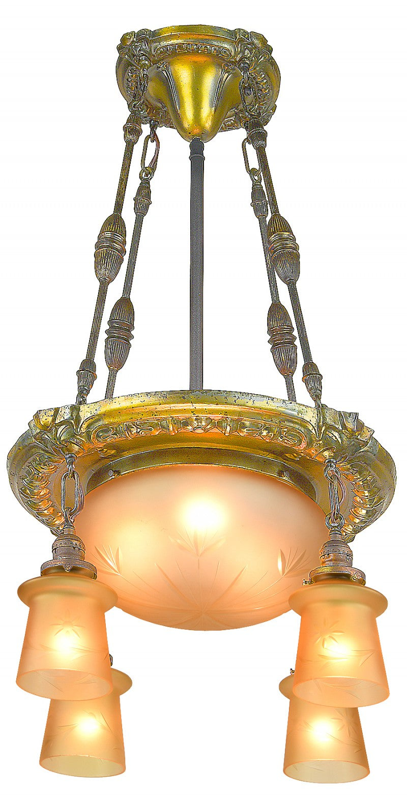 Edwardian Ceiling Bowl Light Chandelier with Gentle Cut Glass Shades