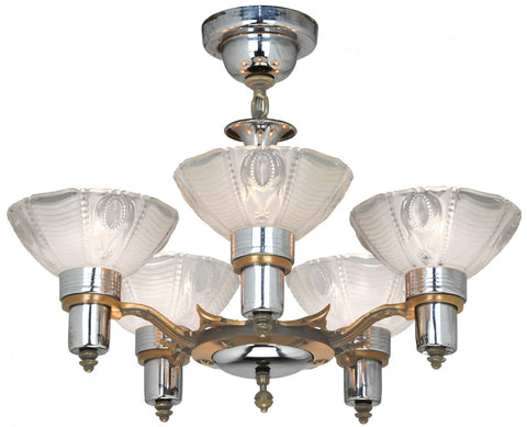 5-Light Art Deco Streamline Chandelier Attributed to Mid-West Mnf.