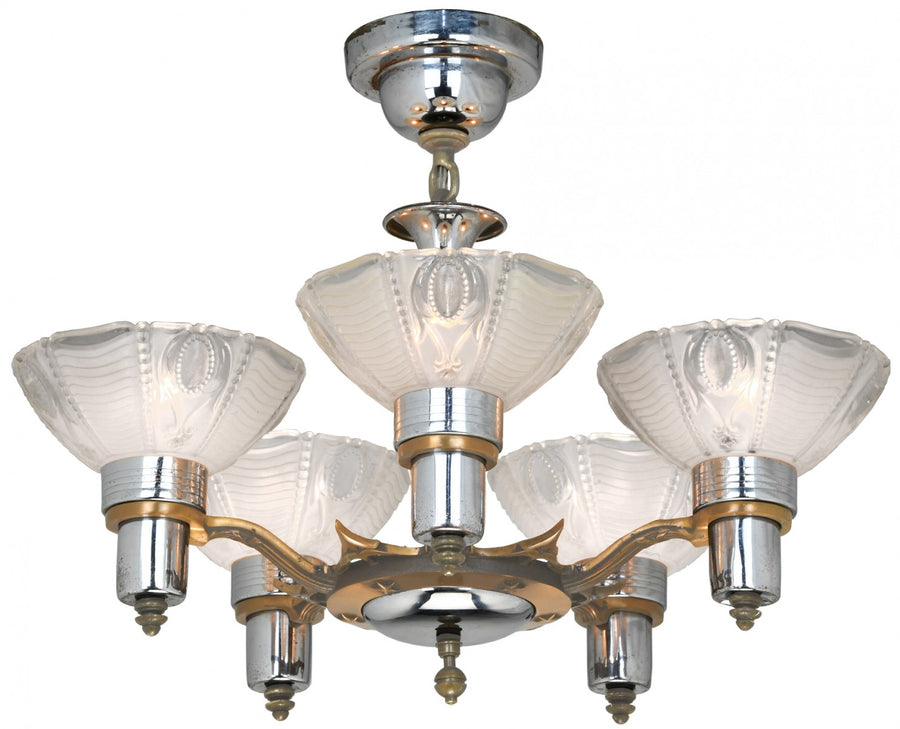 5-Light Art Deco Streamline Chandelier Attributed to Mid-West Mnf.