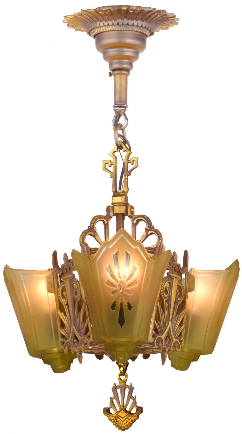 Antique Restored Bronze-Finished Art Deco Slip Shade Chandelier