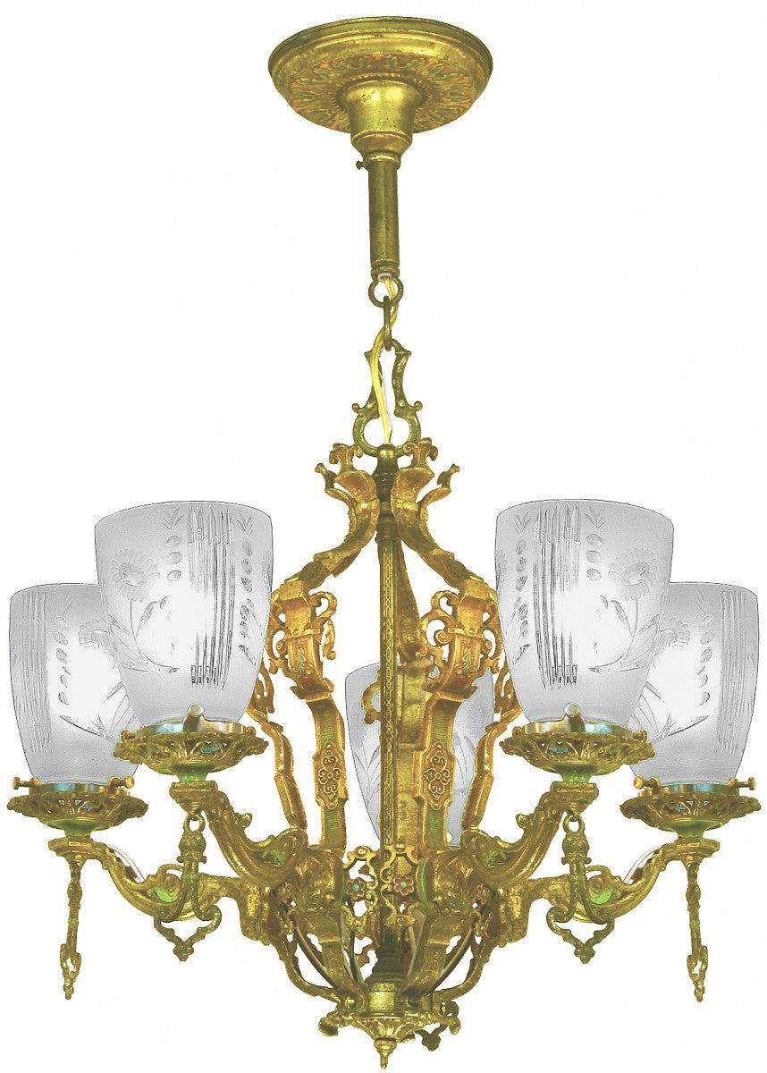 Solid Brass and Bronze Original Five Cut Glass Shade Antique Chandelier