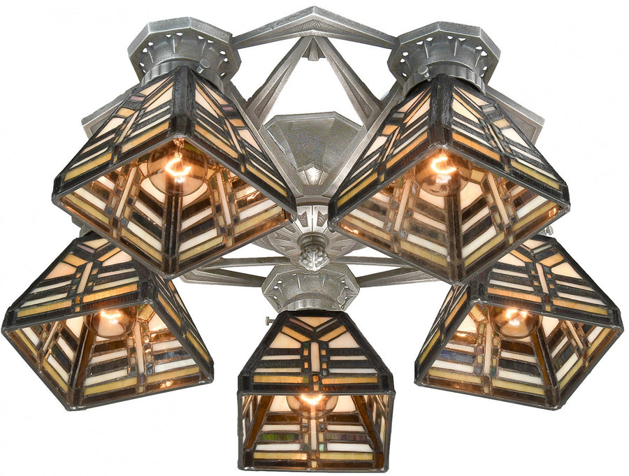 Art Deco Five Leaded Shade Chandelier ca. 1910-30