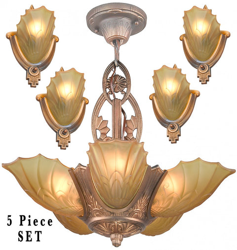 Outstanding 5 PIECE SET of Slip Shade Wall Sconces with Matching Chandelier by Globe Fixture Mfg. c.1935 (ANT-1412)