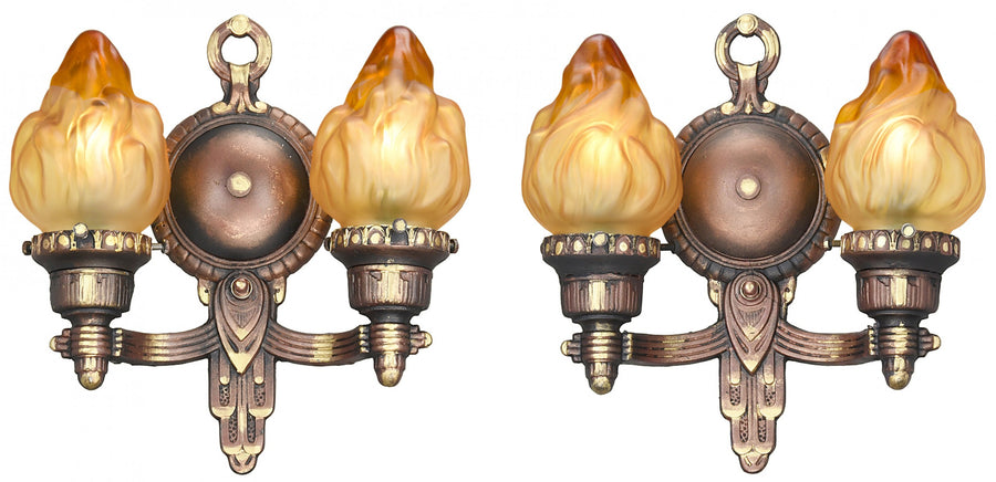 Striking Pair of Double-Arm Art Deco Wall Sconces Circa 1920