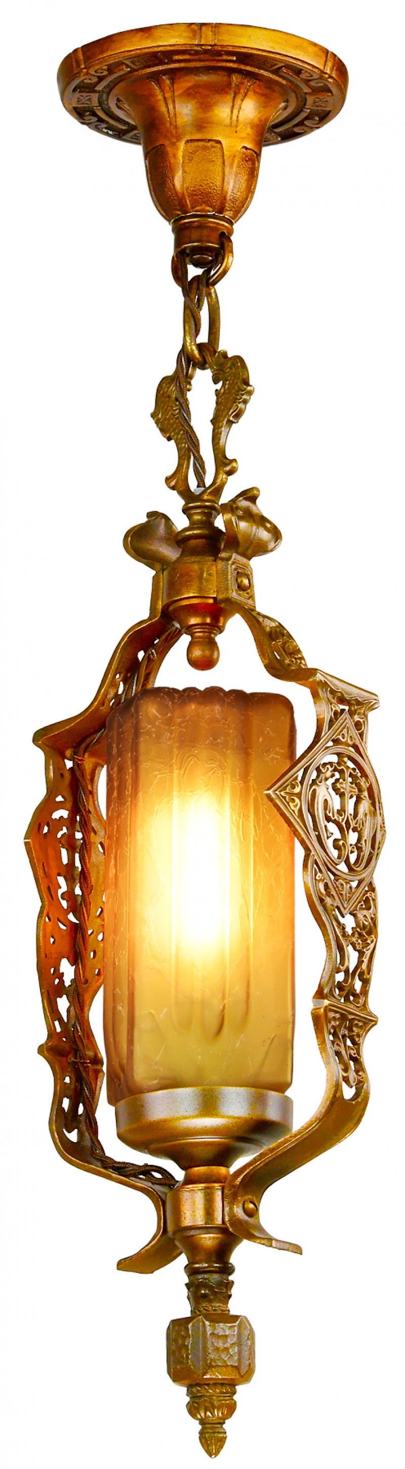 Art Deco Center Shade Hall Light with Amber Crackle Glass Center Shade