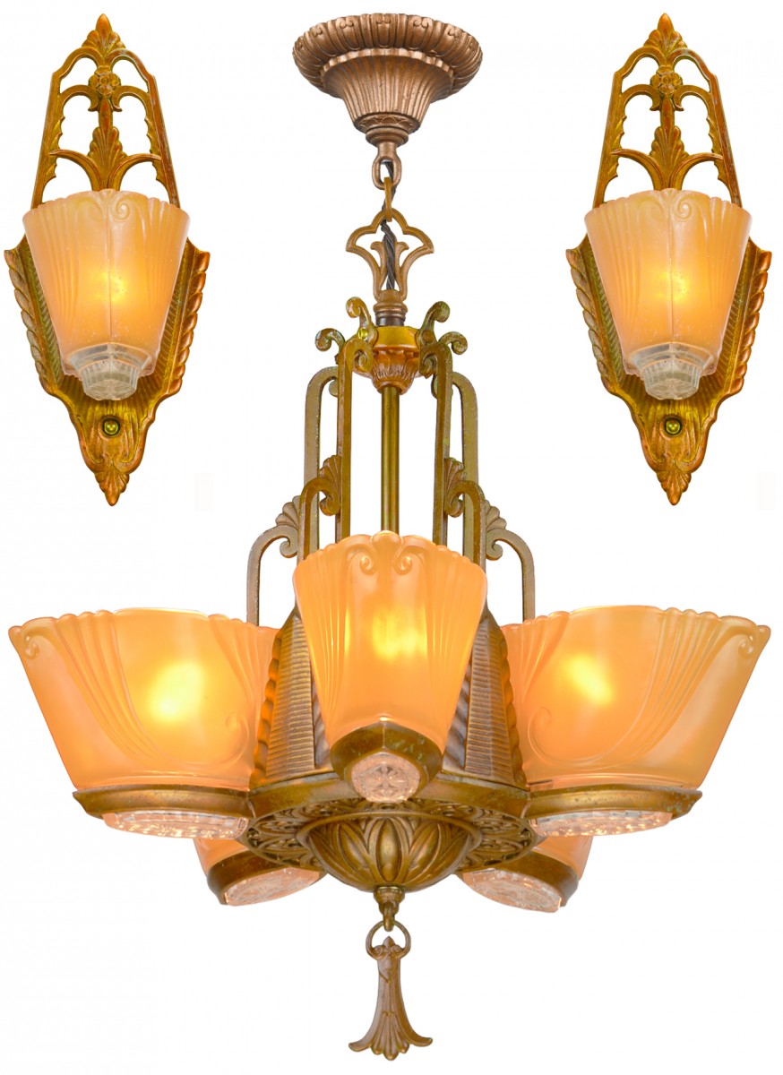 Magnificent Set of an Art Deco 5-Shade Chandelier with a Pair of Matching Sconces by Virden