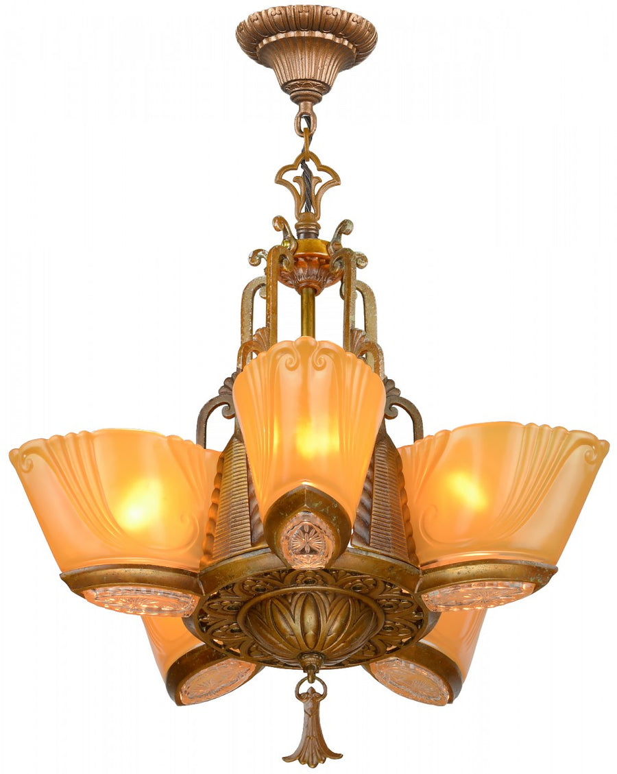 Great Art Deco 5-Shade Chandelier by Virden