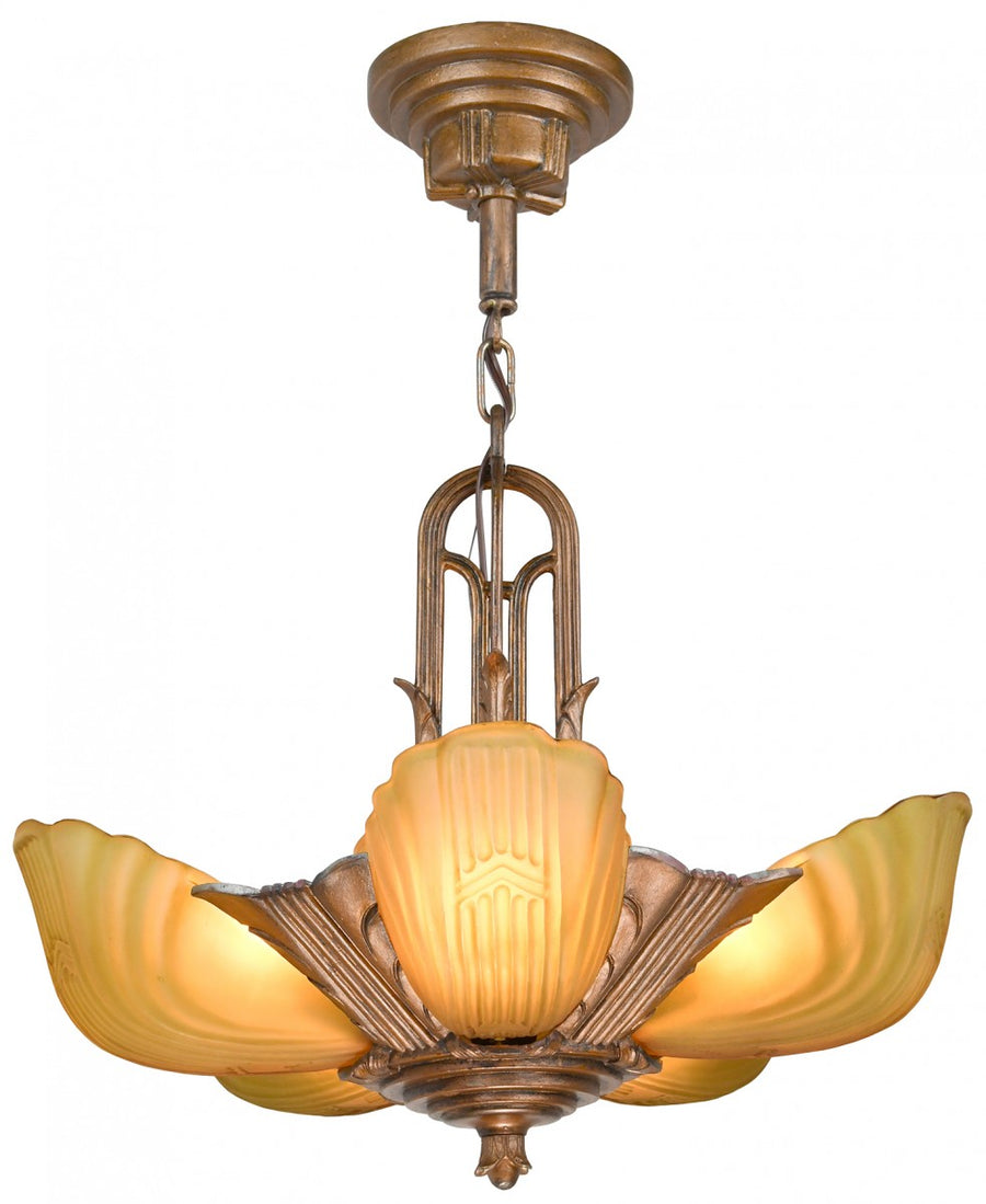 Art Deco Streamline Antique 5 Slip Shade Chandelier