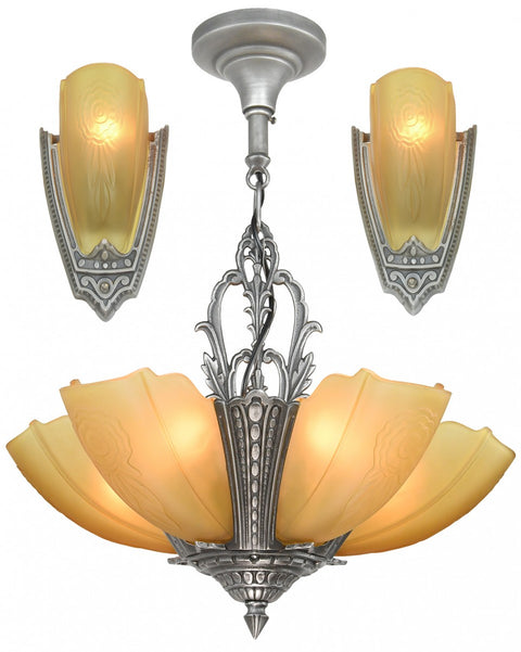 Set of an Art Deco 5-Light Chandelier with Matching Sconces by Puritan