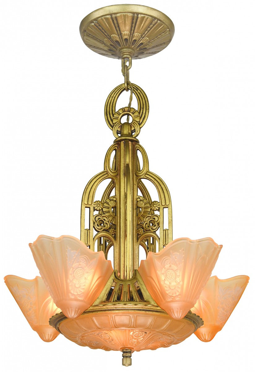 American Art Deco 5-Light 6-Shade Chandelier by Lightolier