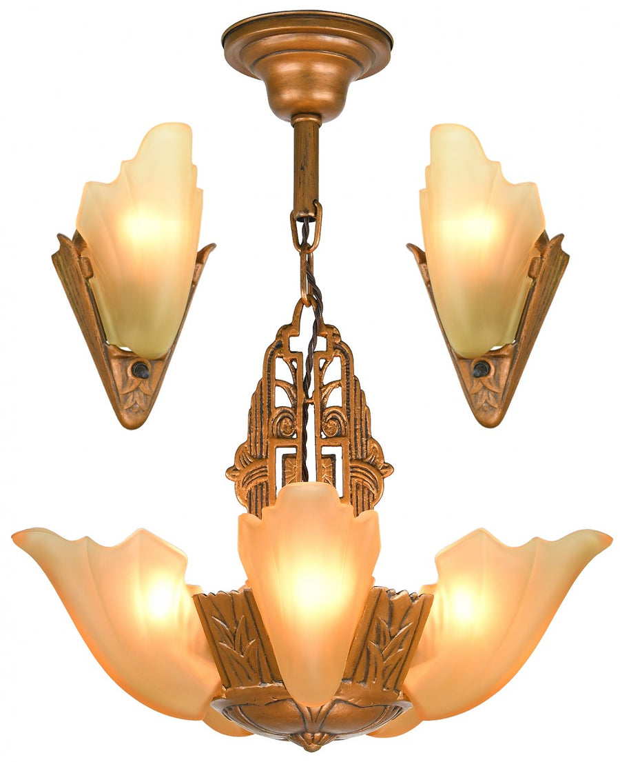Art Deco 5-Shade Chandelier and Sconce Set by Estellite