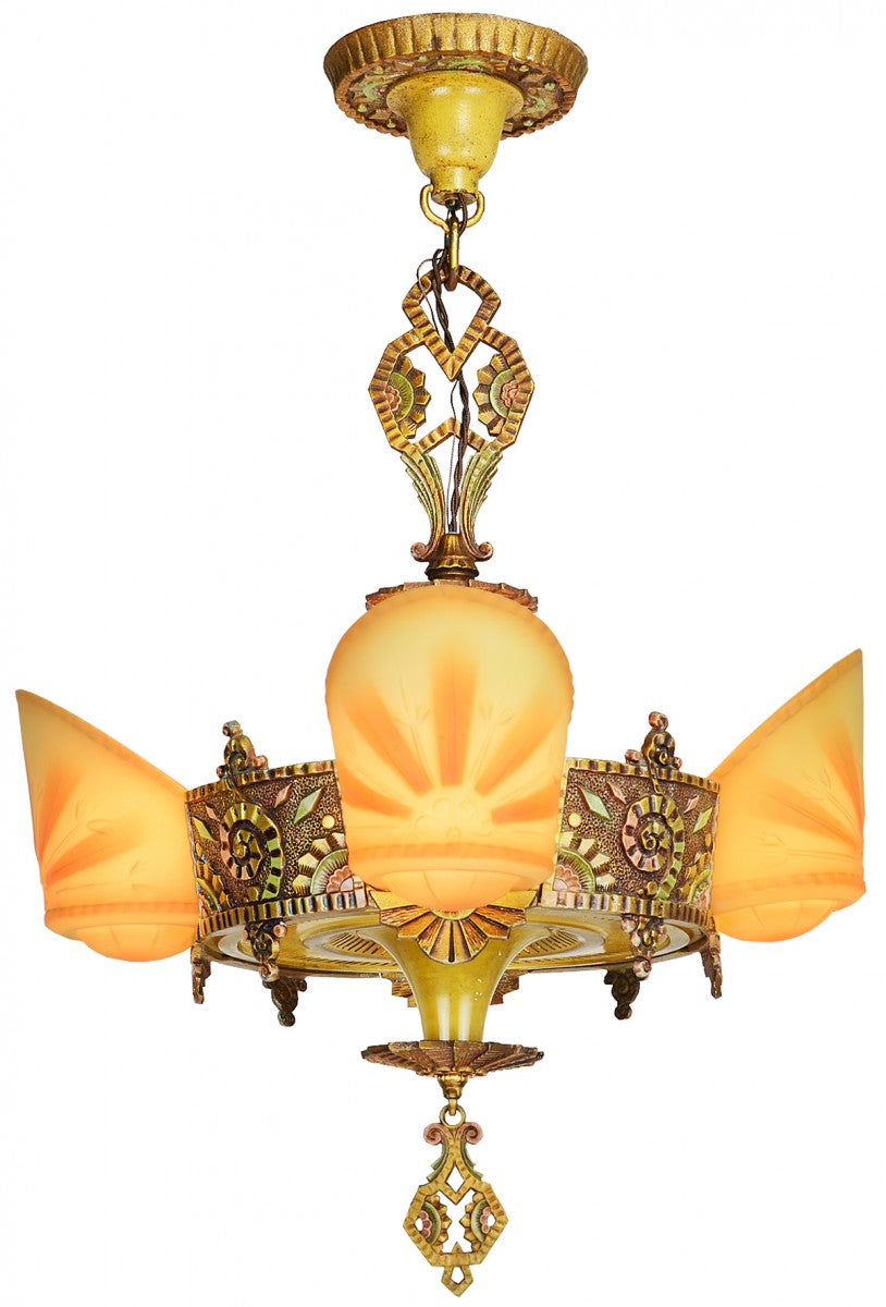 Antique Williamson 4-Light Art Deco Slip Shade Chandelier