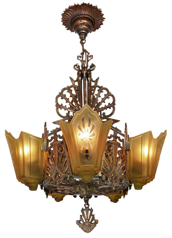 Antique Restore Bronzed Finish Art Deco Slip Shade Chandelier