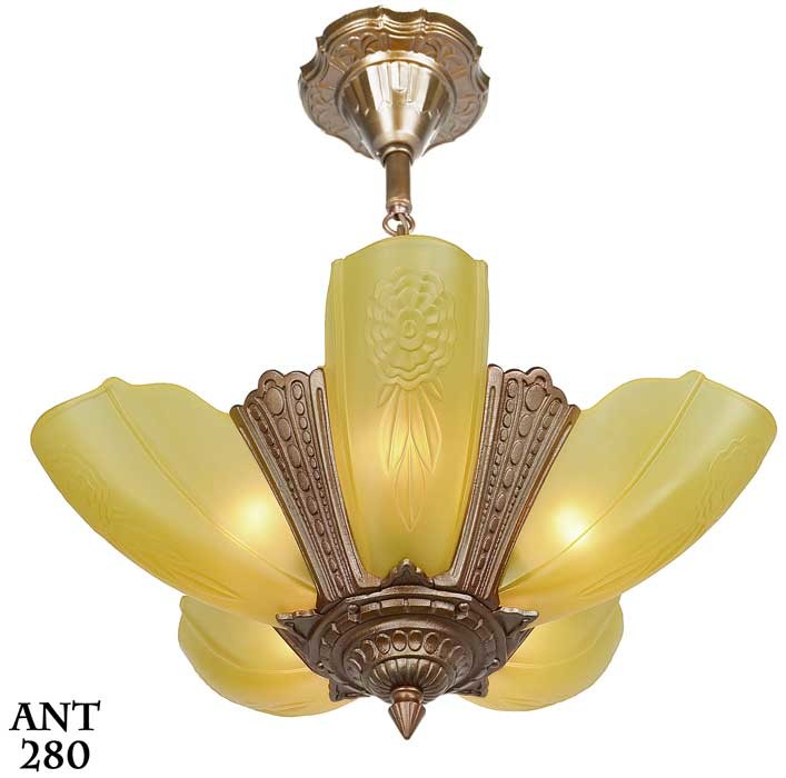 American Art Deco 7 light, 6 shade, chandelier by Lightolier