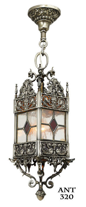 Victorian Antique Stained and Leaded Glass Hall Lantern Light Fixture