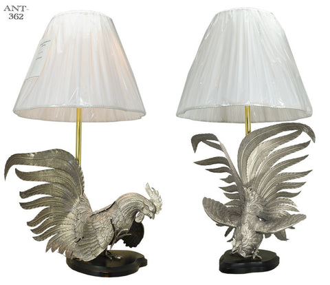 Vintage Rooster Table Lamps Pair Hand Made Silver Color Bird Figural