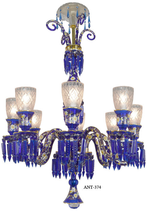 Antique 8 Light Chandelier Cobalt Blue Bohemian Glass and Crystals