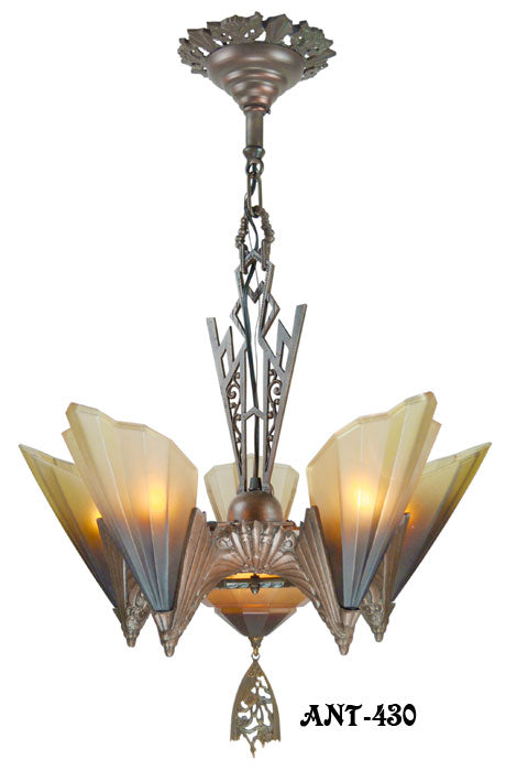 Antique Art Deco Slip Shade Soleure 6-Light Chandelier