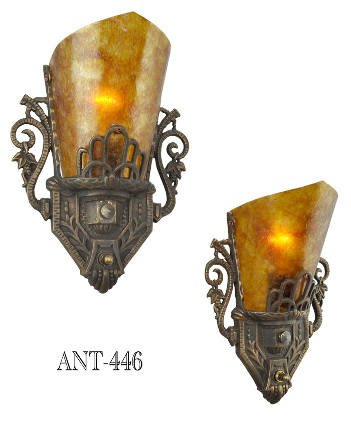 Art Deco Style Pair of Antique Original Restored Wall Sconces with Mica Shades