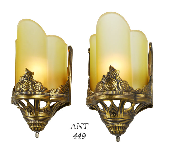 Art Deco Antique Wall Sconces with Amber Serpentine Slip Shades & Floral Motif