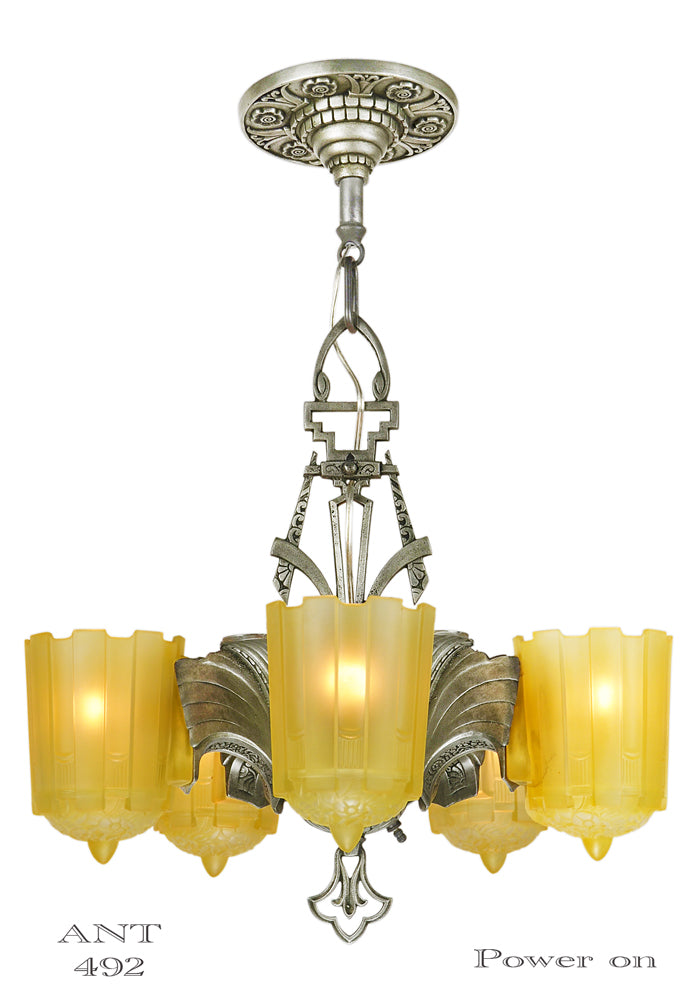 Art Deco Antique 5 Light Slip Shade Chandelier Circa 1935 by Lincoln Mnf