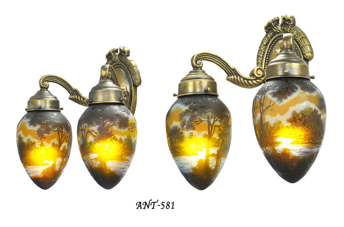 French Cameo Glass Pair of 2 Arm Wall Sconces Original Rewired Lights