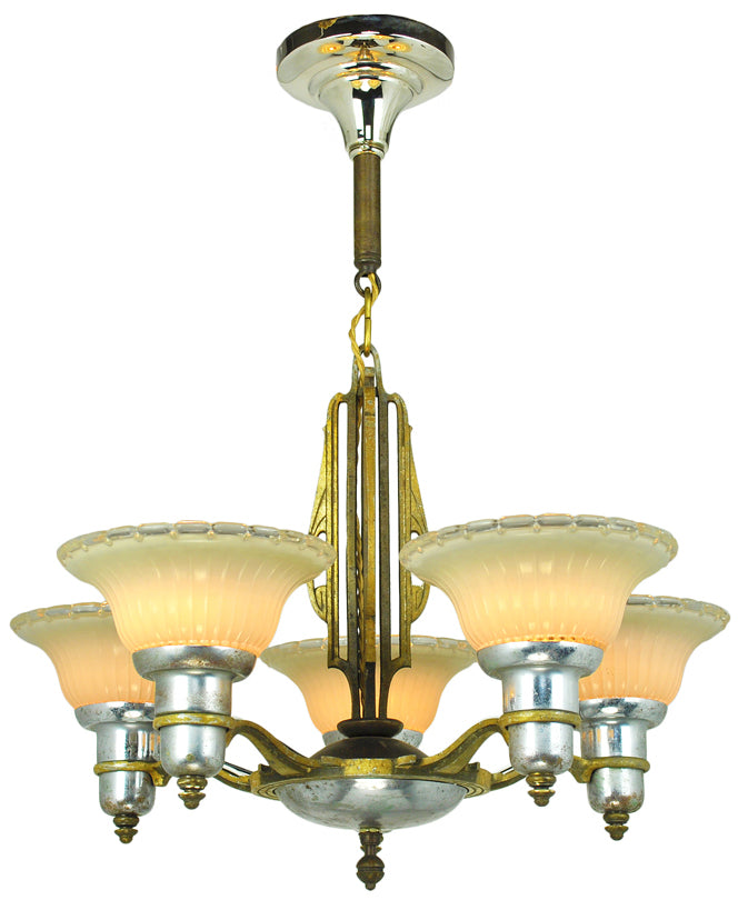 Art Deco Streamline Chandelier 5 Arm Light Fixture by Mid-West Mnf