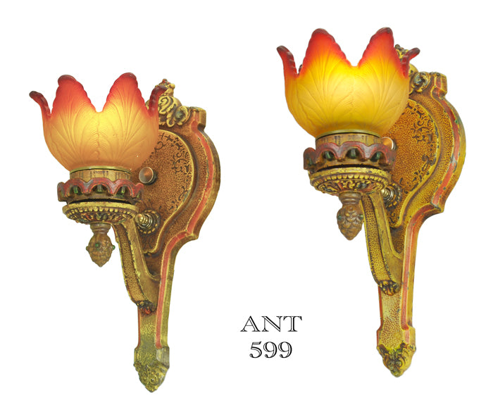 Pair of Antique Wall Sconces Polychrome Lights Multi-Color Lighting