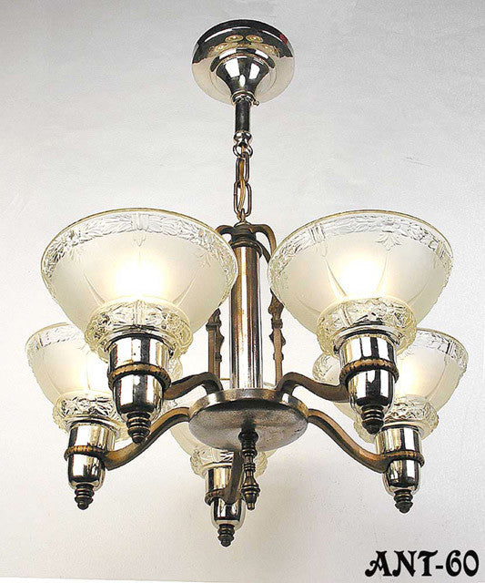 Antique Art Deco Mid-West 5 Light Chandelier With Original Shades