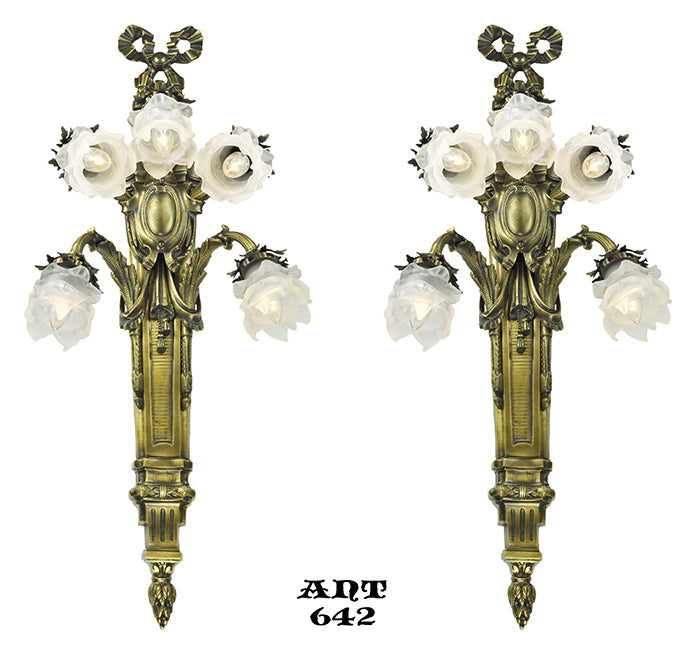 Antique French Wall Sconces Pair of Large 5 Arm Floral Light Fixtures