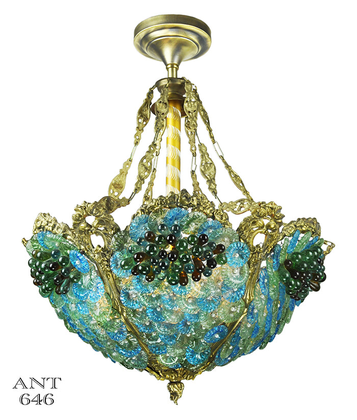 Antique Bohemian Bowl Chandelier Blue Green Glass Bead Light