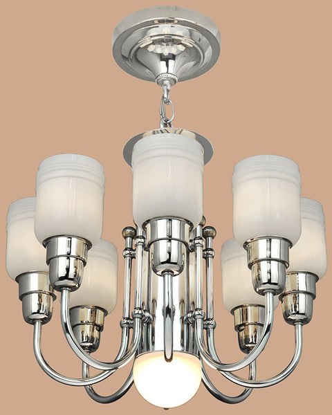 Streamline or MidCentury Modern Chandelier Nickel 8 Arm Ceiling Light