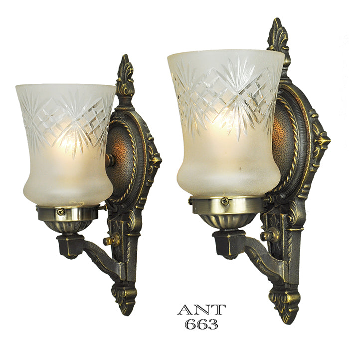 Edwardian Wall Sconces Pair of Antique Lights and Cut Glass Shades