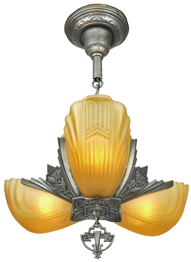 Art Deco Chandelier 3 Slip Shade Ceiling Light Fixture 1930s Markel