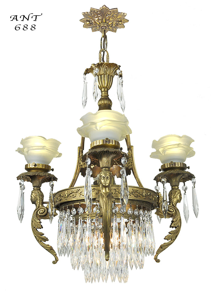 French Crystal Chandelier Antique 4 Arm Figural Ceiling Light Fixture