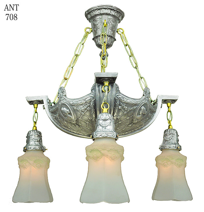 Edwardian Antique Chandelier 4 Light Ceiling Fixture with Cameo Motif