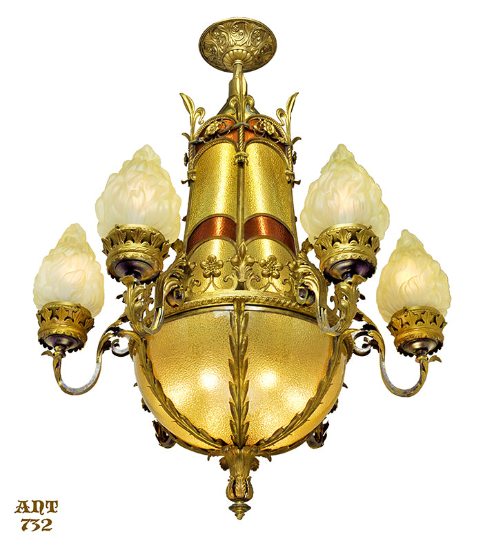Leaded Glass Antique Chandelier Circa 1920s 6 Light Ceiling Fixture