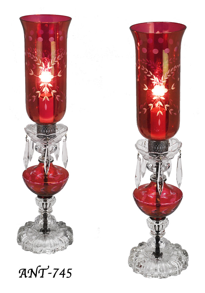 Edwardian Pair of Antique Cut Ruby Glass Table Lamps Crystal Lights