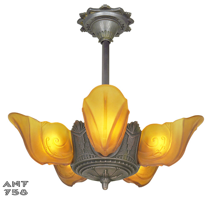 Art Deco 5 Light Chandelier Antique 1930s Ceiling Fixture Moe Bridges