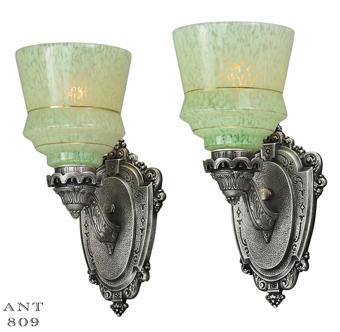 Antique Wall Sconces Pair 1920s Lights with End of Day Glass Shades