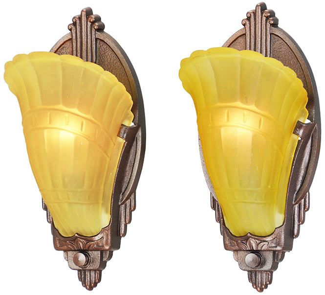 Art Deco Pair of Antique Wall Sconces Slip Shade 1930s Light Fixtures